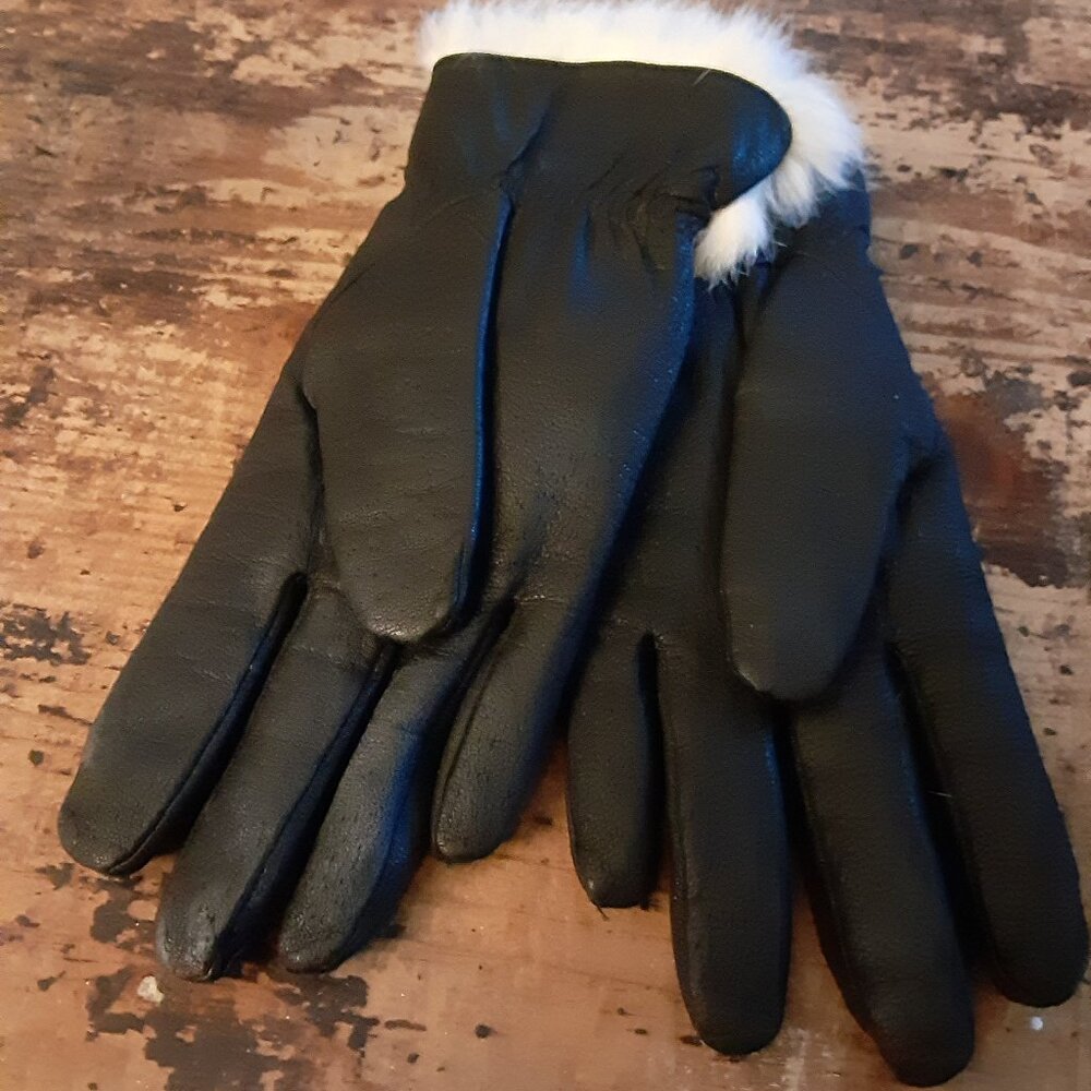 Black Leather and Rabbit Fur Lined Dress Gloves